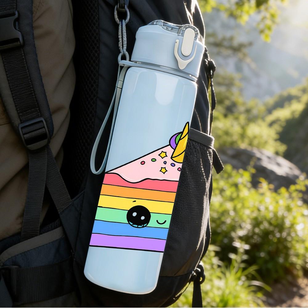 1PC Rainbow Layer Cake Cartoon 750ml Color Plastic Sports Water Bottle Leakproof Flip Straw Lid Suitable for Sports Office Home Use