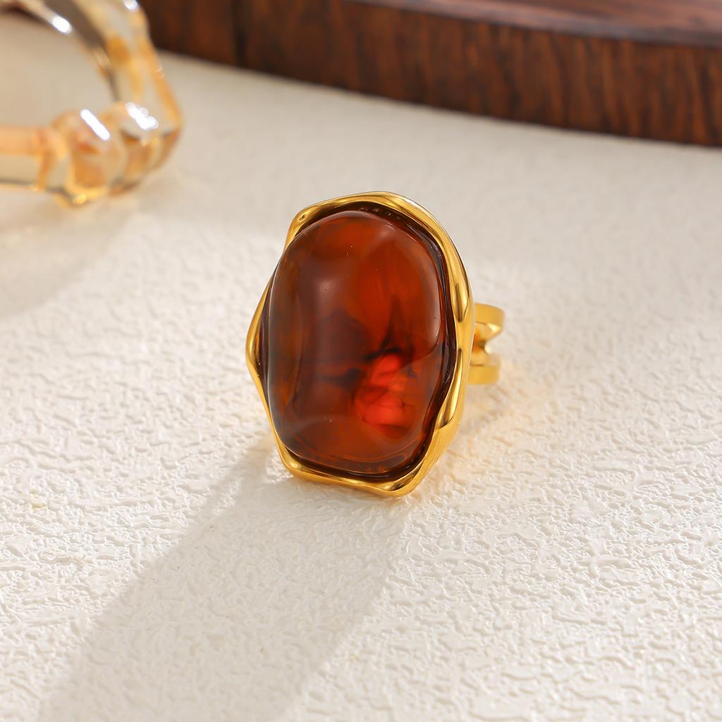 KunJoe Exquisite Multi-Color Acrylic Resin Adjustable Ring Women 18K Gold Plated Stainless Steel Rings Summer Waterproof Jewelry