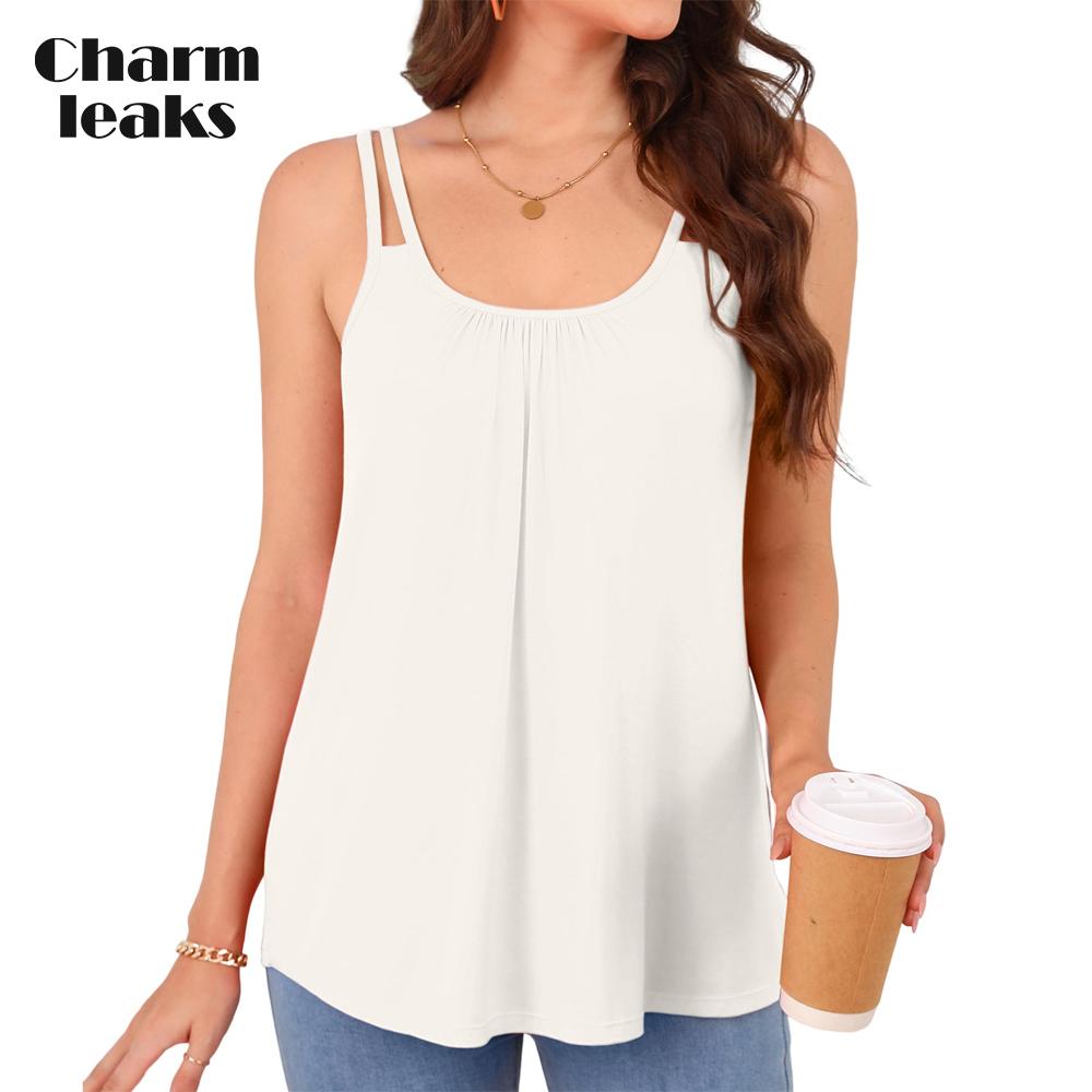 

CHARMLEAKS Женский топ-майка со встроенными бюстгальтерами, летний регулируемый топ на бретельках-спагетти, топы с круглым вырезом, свободный крой XXXL белый