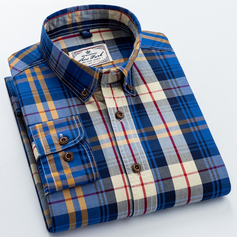 Herren Langarm Colorblock Kariertes Muster Hemden, 100% Baumwolle Regular Fit Business Casual Karomuster Button-down Hemd
