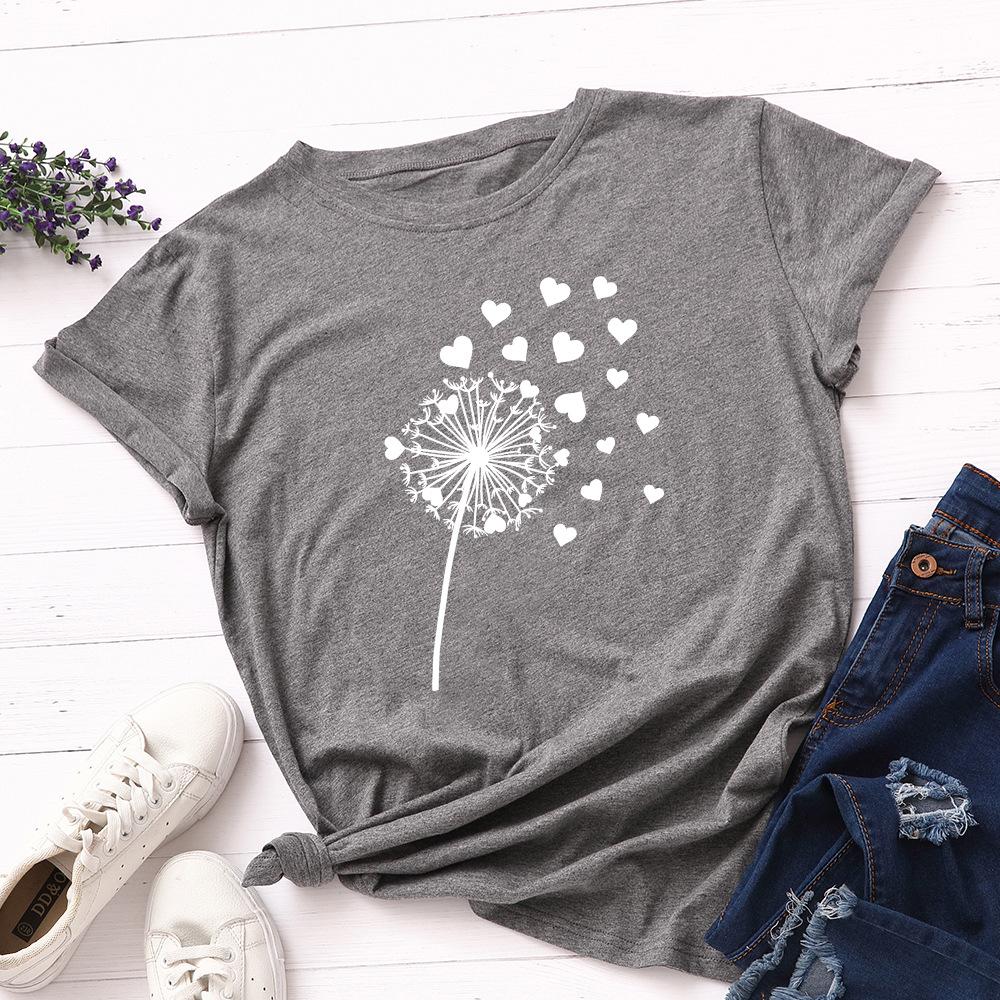 Cotton Loose Round Neck Creative Dandelion Heart-shaped Short Sleeved Women's T-shirts