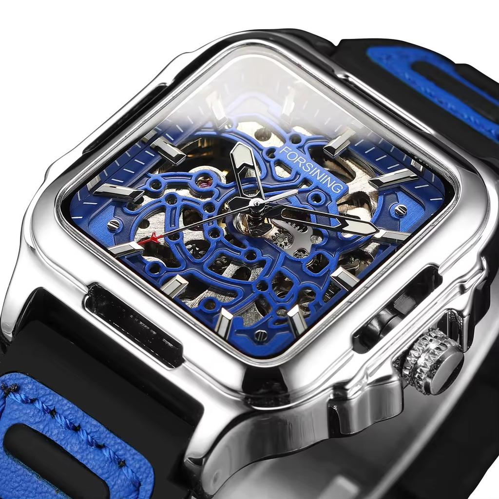 Forsining Square Dial Skeleton Watch Automatic Watch for Men Luxury Sports Mechanical Wristwatch Waterproof Luminous Leather Band