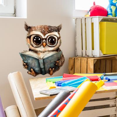 Gufo dei Cartoni Animati Studio che Legge un Libro Adesivo da Parete Decalcomania Rimovibile Autoadesiva per Camera da Letto Studio Decorazioni per la Casa