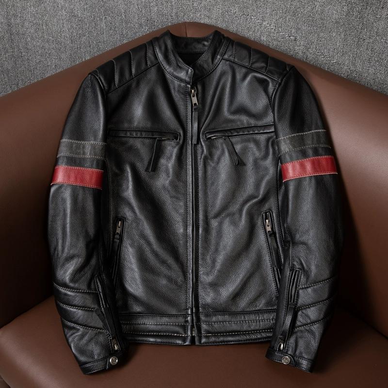 

Мужская мотоциклетная куртка из натуральной кожи со съемной защитой, воротником-стойкой, байкерское пальто для весенне-осенней езды 5XL чёрный