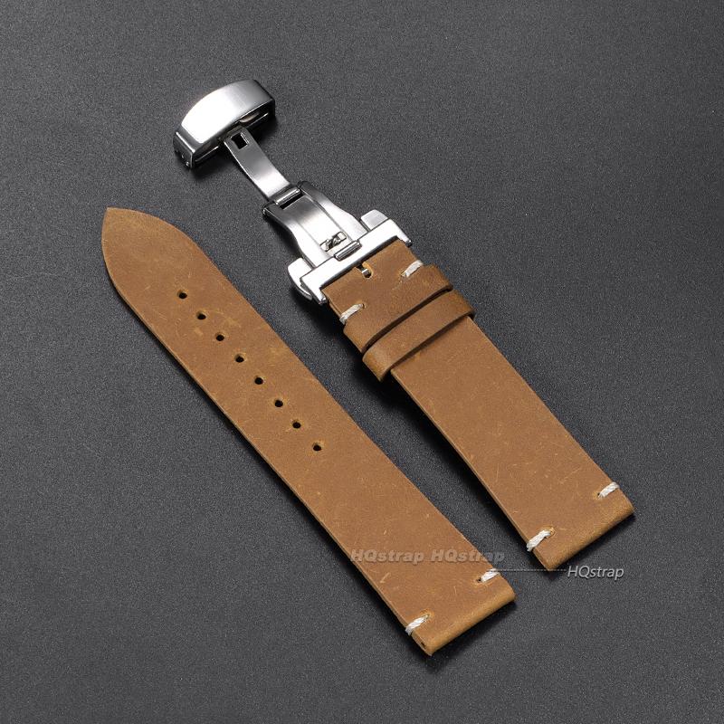 Calfskin Leather Watchbands Butterfly Buckle High Quality 18mm 20mm 22mm 24mm 21mm Vintage Stitching Wristwatch Strap for Seiko