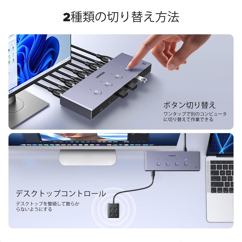 UGREEN 8K@60Hz HDMI KVM Switch for 4 Computers with 4*USB 3.0 Ports, Aluminum KVM Switch, 4 Inputs 1 Output, 4K@240Hz Support, Shares 1 Monitor/Keyboa