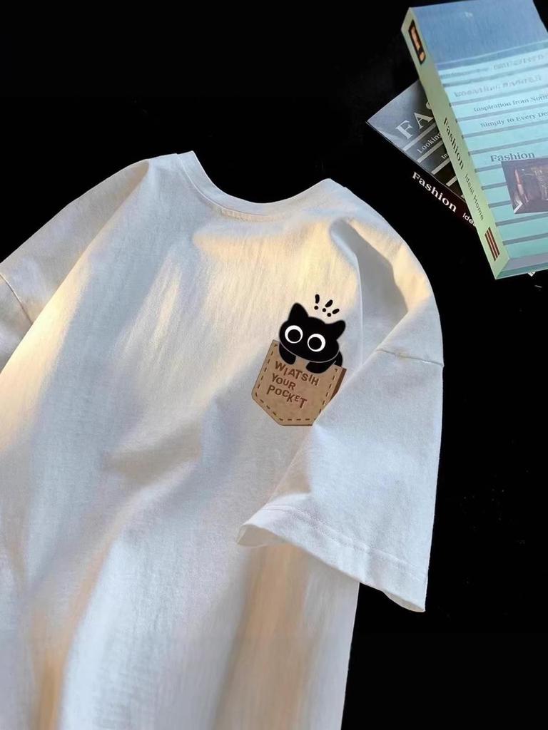 Couple's American-Style Cotton T-Shirt with Fake Pocket Print