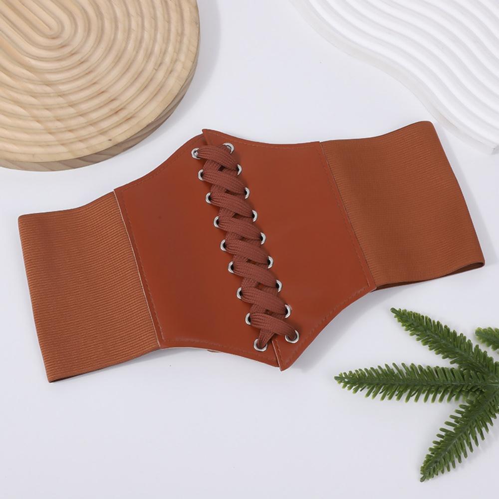 

Pu Leather Corset Belt Elastic Punk Gothic Wide Belt Women S Shirt Dress Belt Breathable Female Cummerbund For Daily Wear Dates 120cm коричневий