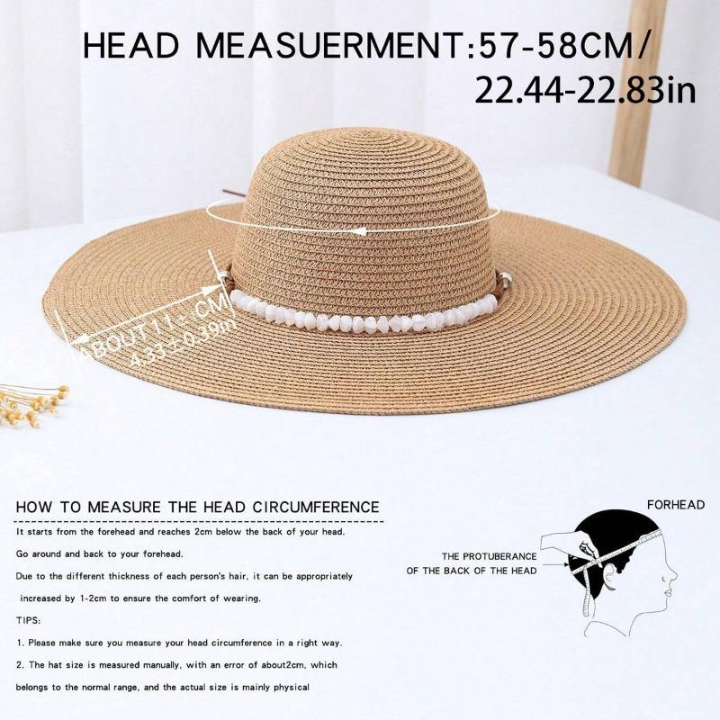 Women's Pearl Strap Wide Brim Fedora Summer Sun Protection Sun Protection Hat Women's Foldable Straw Beach Hat Sun Protection