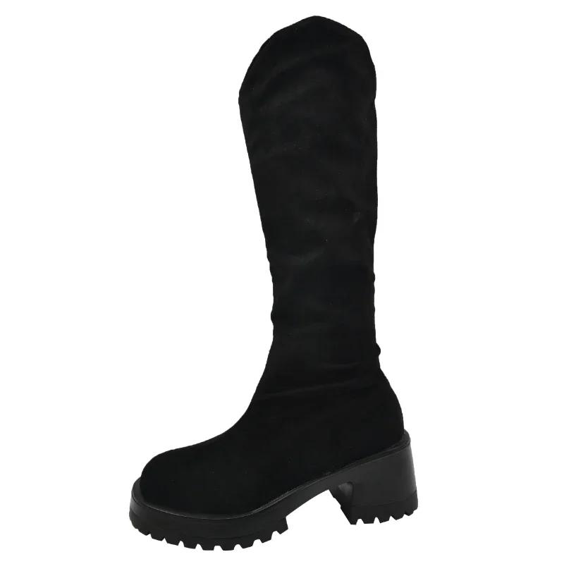 

Распродажа модной женской обуви 2024 года, модные женские сапоги с круглым носком, замшевые, сохраняющие тепло, однотонные, высокие, на толстом каблуке, длинные сапоги 40