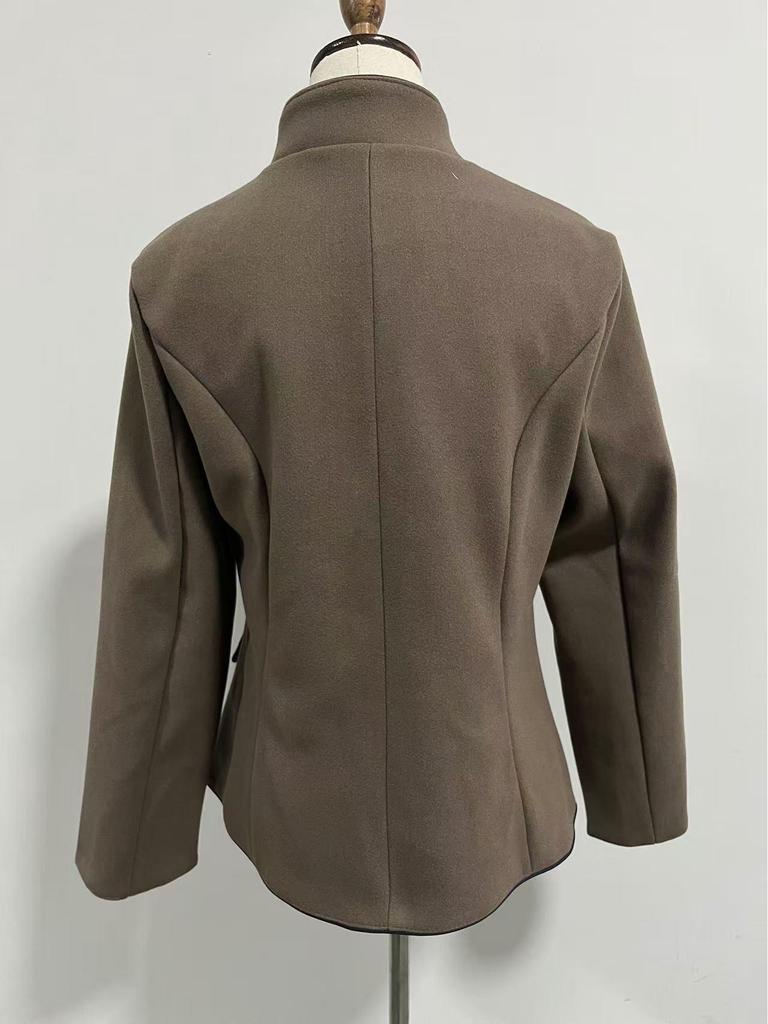 2025 Spring Women's Woolen Vintage Color Block Stand Collar Coat