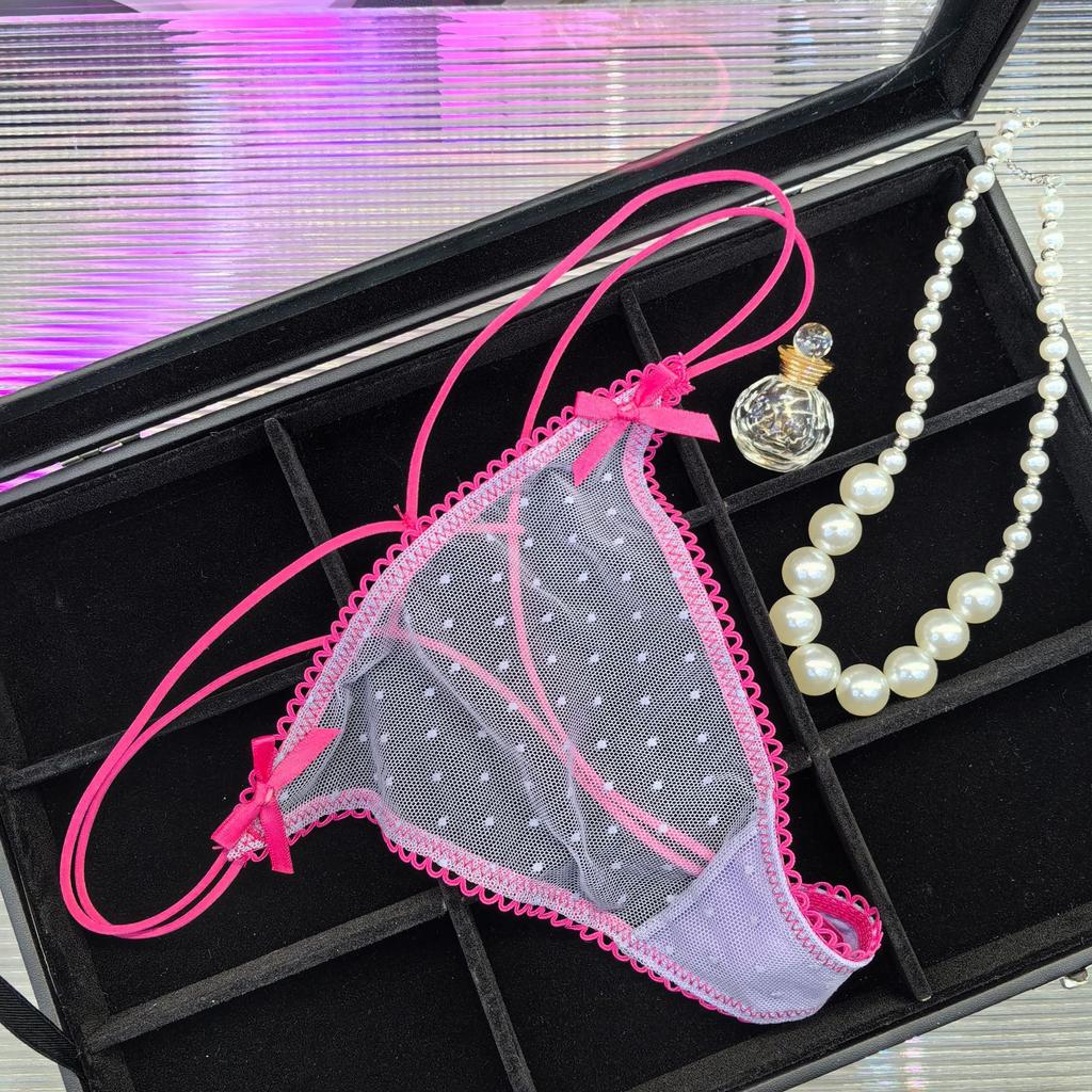 Temptation Thin Dots Transparent Sexy Women's Underwear Sweet Girl Bow Mesh Hollow Out Panties Cotton Crotch Cute Thongs