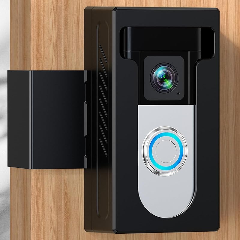 QIBOX No Drill Adhesive Video Doorbell Mount, Compatible with Ring/Blink Wireless Video Doorbell, Anti-Theft, Black Aluminum Steel, Wall Mount Clamp-on Version