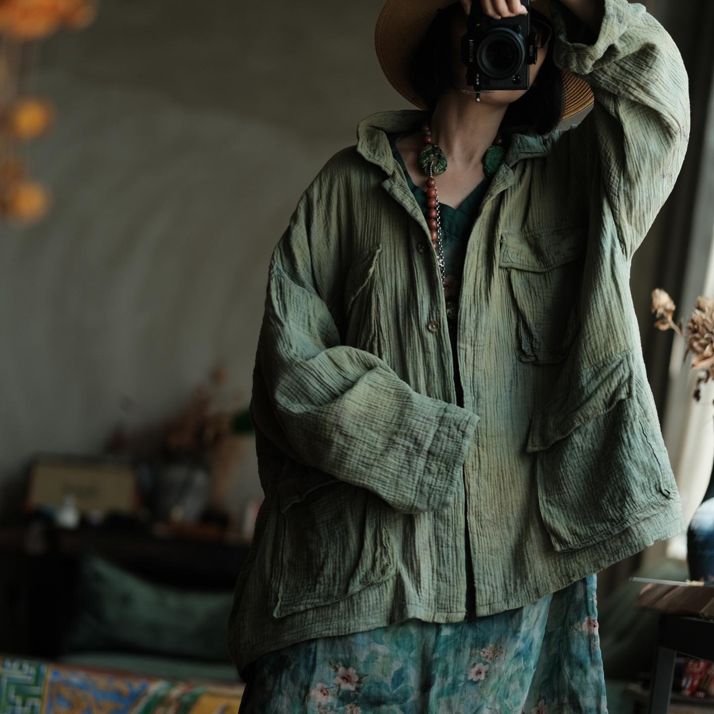 

Johnature Женские винтажные куртки с отложным воротником и длинными рукавами, осенние куртки с принтом тай-дай свободного кроя и карманами One Size