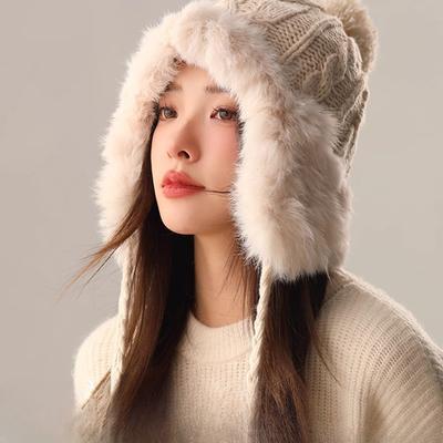 Koreanische Version von Hut für Frauen im Herbst und Winter Gestrickte Kaninchenwolle Kugel Warmer Hut Verdickt Vielseitig Niedlich Studenten Ohrenschutz Kopfbedeckung