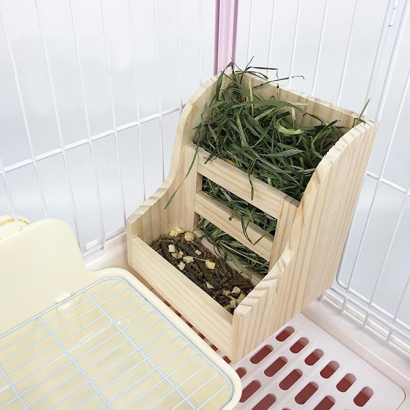 Pet Wooden Grass Frame Rabbit Food Basin 2-In-1 Grass Frame Rabbit Guinea Pig And Dragon Cat With Built-In Fixed Grass Frame
