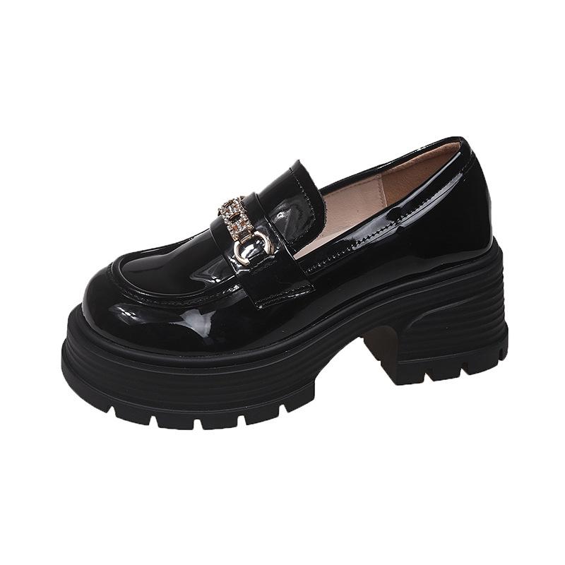 Platform Women's Spring and Autumn Models Versatile High-heeled Single Shoes Rhinestone Buckle Black Small Leather Shoes