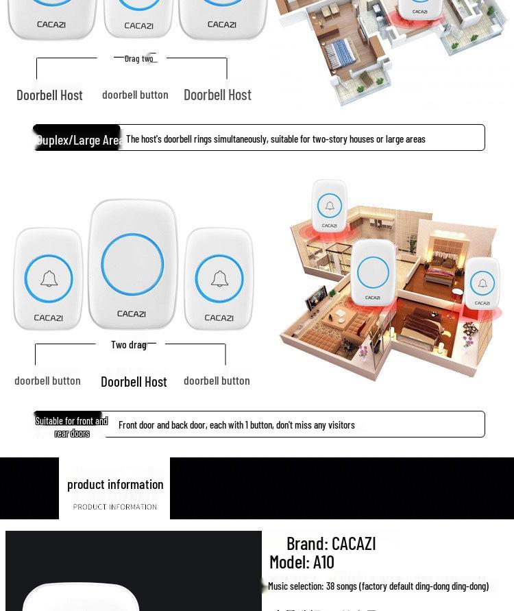 A10 Europäischer & Britischer Standard Drahtlose Intelligente Türklingel und Langreichweiten-Musikpager für ältere Menschen