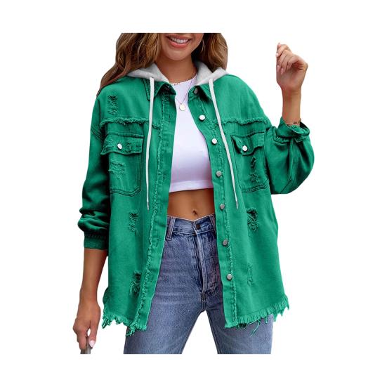 

Жіноча джинсова куртка з капюшоном Оверсайз Потерта Рвана Джинсова Пальто На Кнопках Довгий Рукав Осінь Весна Верхній Одяг S