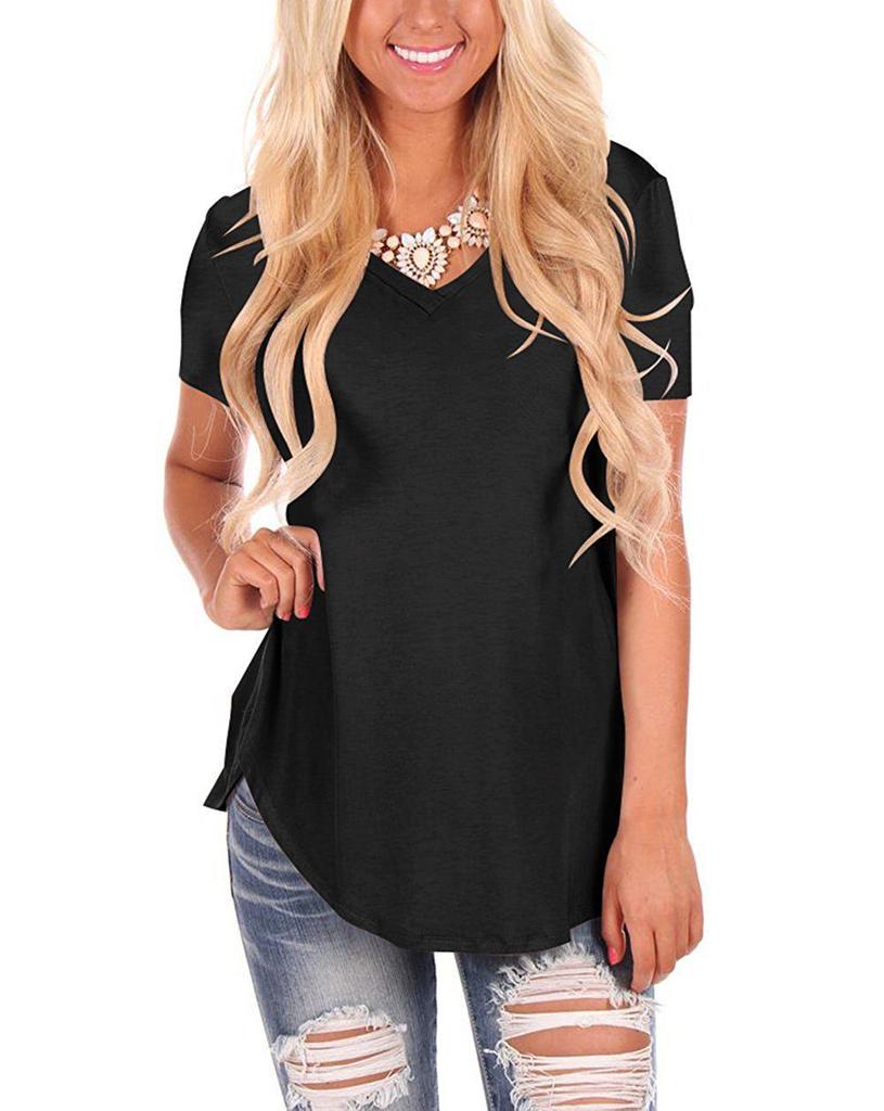 2023 Summer V-Neck Solid Plus Size Loose Short Sleeve Women's T-shirt