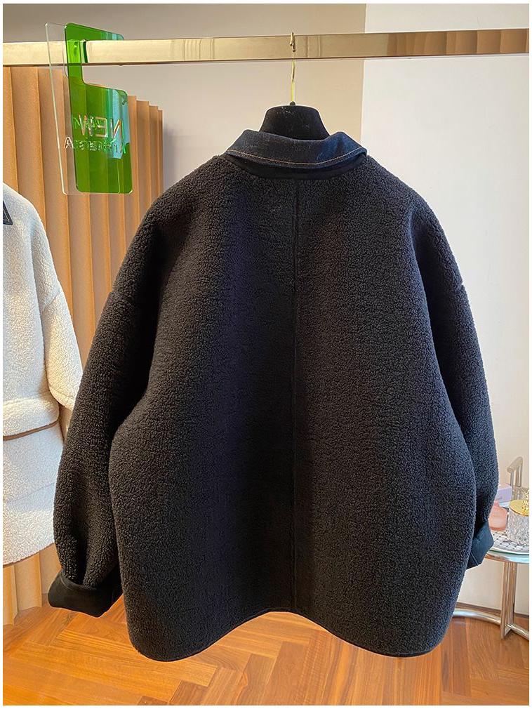 Women's Loose Fit Denim Patchwork Lambswool Jacket - Korean Style Autumn/Winter Plus Size Fur Top