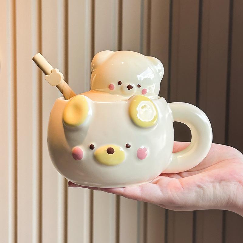 Cream Bear Cup Girls High-value Ceramic Mug with Lid Household Drinking Cup Birthday Gift Souvenir