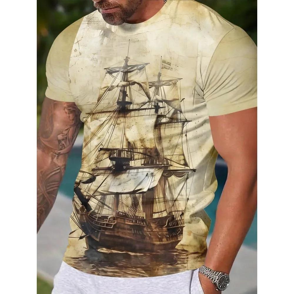 Retro Steamship Pattern 3D Print Short Sleeve T-shirt Summer Comfortable Fashionable Breathable Plus Size Casual Versatile Sports Men's T-shirt