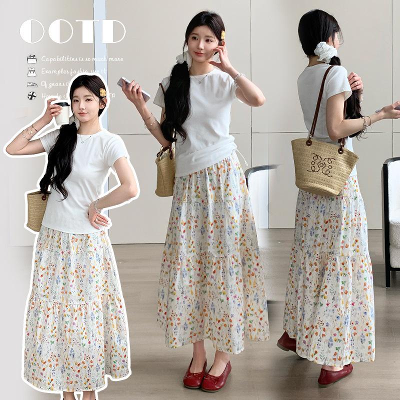 2026 Summer Maternity Set: White Floral Top & Adjustable Skirt 2X Large