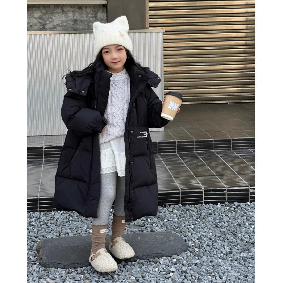 

Дівчача зимова куртка середньої довжини, товста, холодостійка, вулична, тепла, шкільна, дитячий одяг 140 чорний