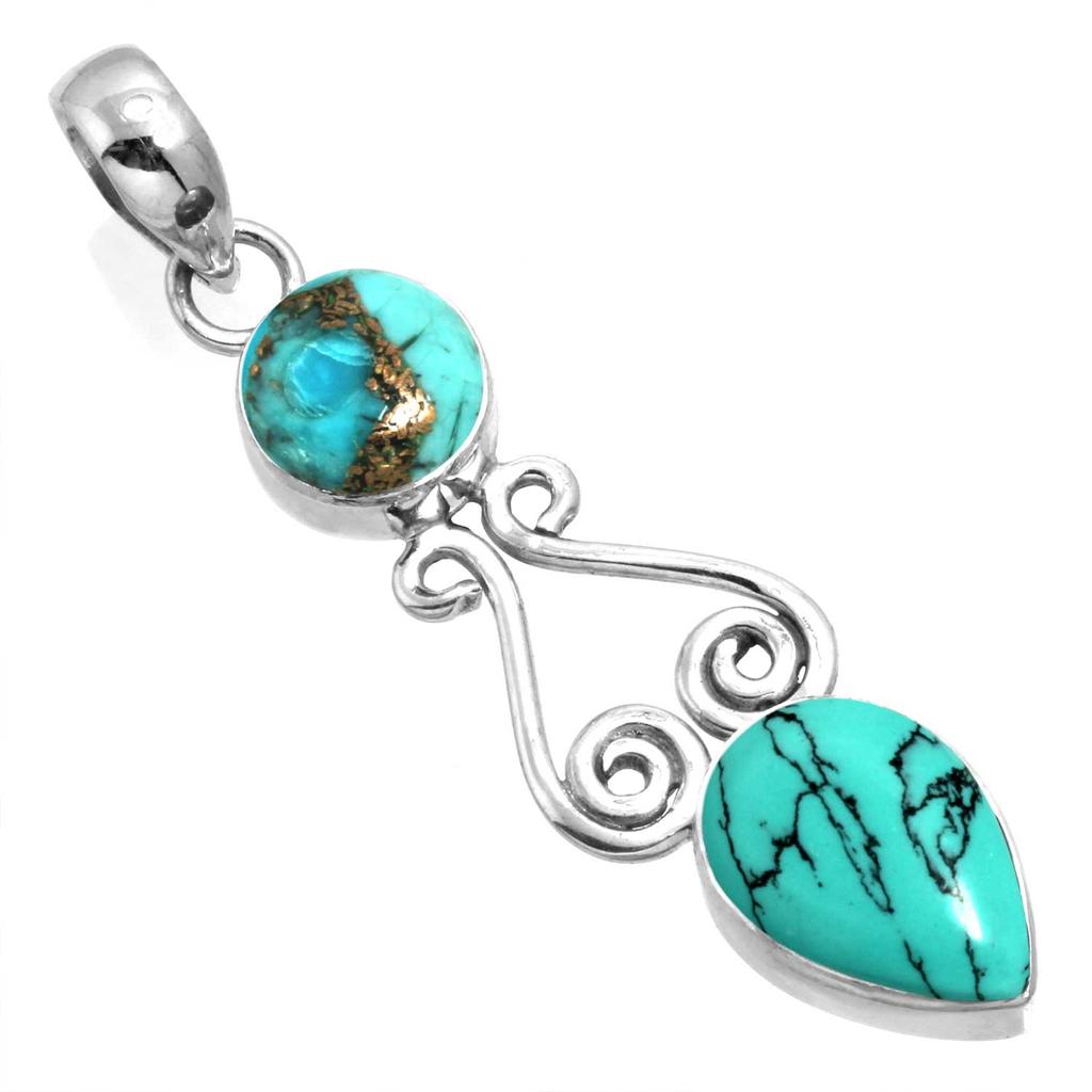 925 Sterling Silver Pendant Women Gemstone Handmade Jewelry Engagement Gift Blue Green Purple Copper Turquoise Pearl Lapis Mother Of Pearl Boho
