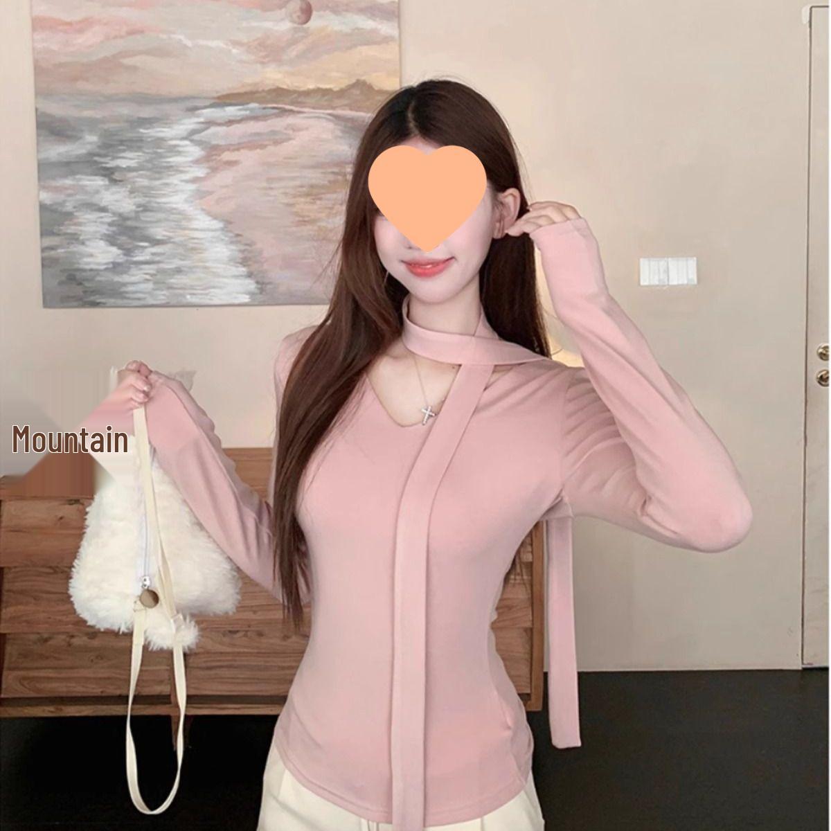 Women s Chic Waist-Cinching V-Neck Long-Sleeve Halter Top for Autumn/Winter Size Reference Details розовый