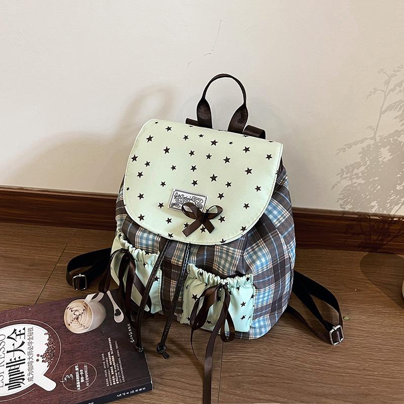 Trendy backpack women's large capacity versatile plaid sweet bow student schoolbag star backpack