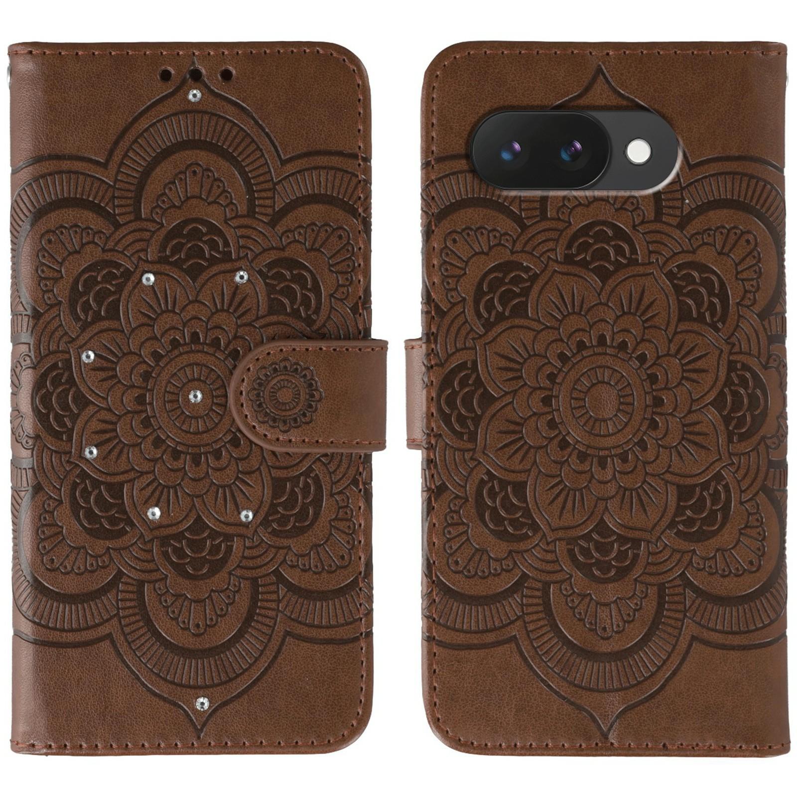 

For Google Pixel 9a Case Rhinestone Decor PU Leather Mandala Imprinted Design Phone Cover with Wrist Strap Brown