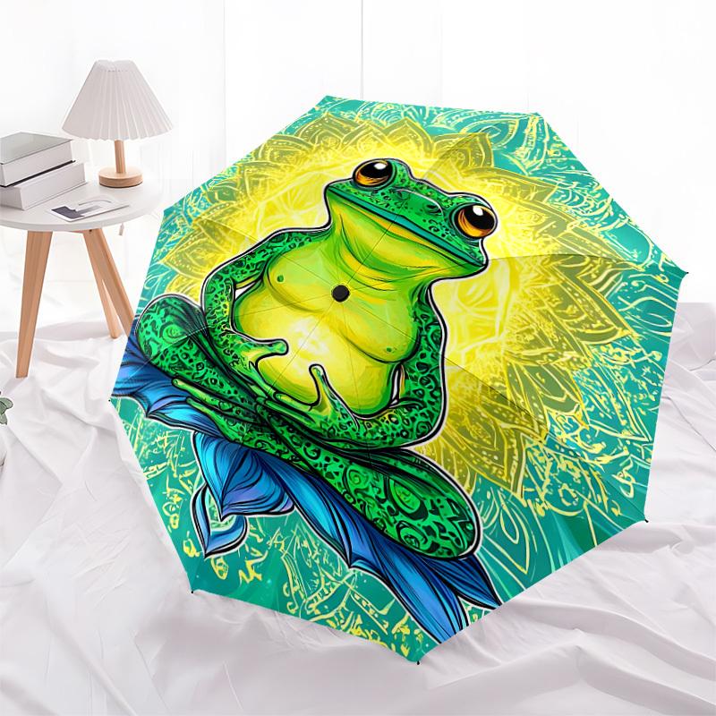 1pc Frog Lotus Flower Fashionable Automatic Opening/Closing Folding Umbrella with 8 Iron Bones, Plastic Handle yy251015059