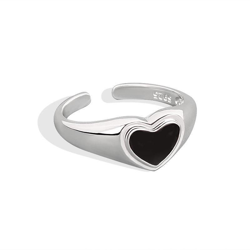 S925 Silver Black Heart Open Ring For Women Fashion Minimalist Cool Personality Index Finger Jewelry