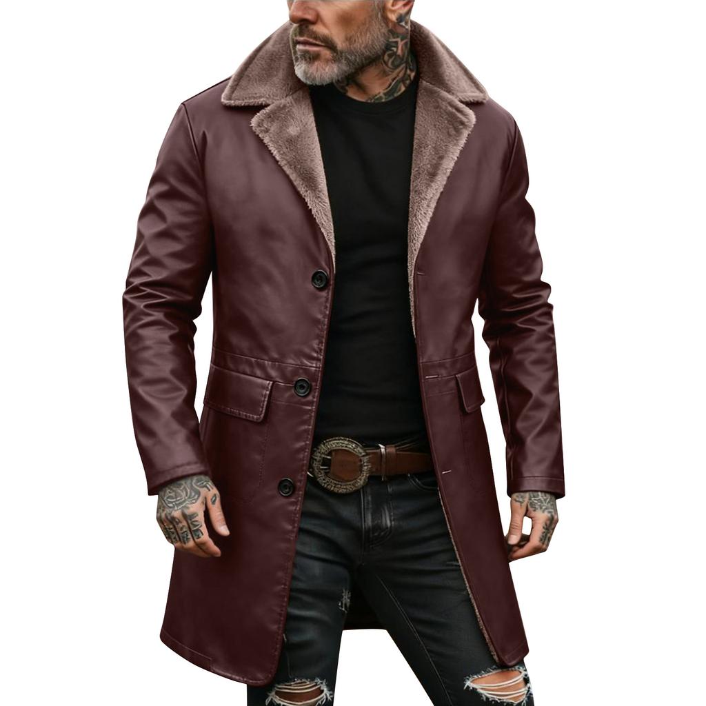 Men's Solid Color Button Pocket Work Wear Plus Velvet Leather Jacket Men's Casual Long Coat