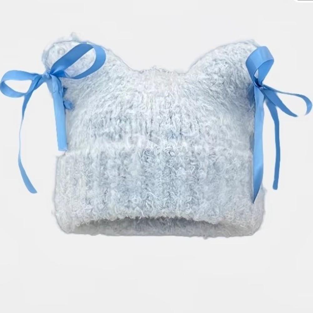 Sweet Bow Ribbon Pullover Hat Windproof Plush Beanie Fashionable Knitted Beanie  for Women Girl