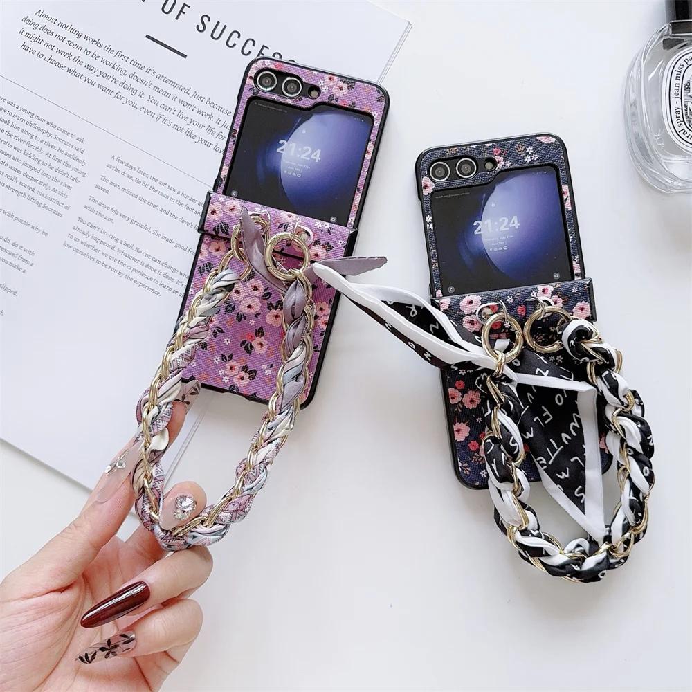 Flower PU Leather Cover with Hinge Protection & Scarf Wrist Chain Strap Bracelet For Samsung Galaxy Z Flip 6 5 4 3 5G Phone Case