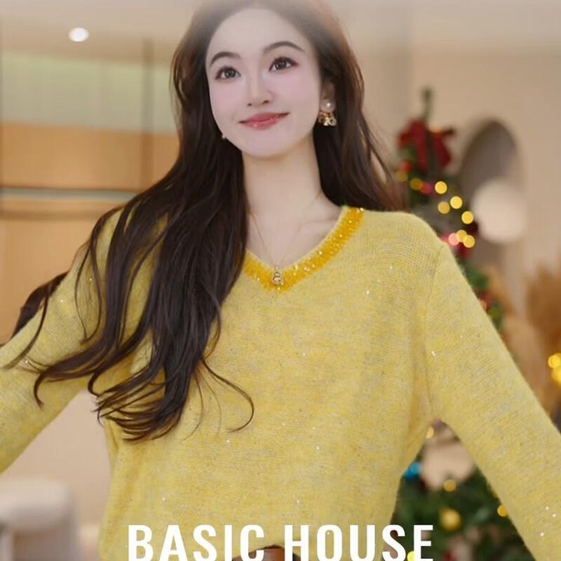 Basic House Women s V-Neck Sequin Knit Top M