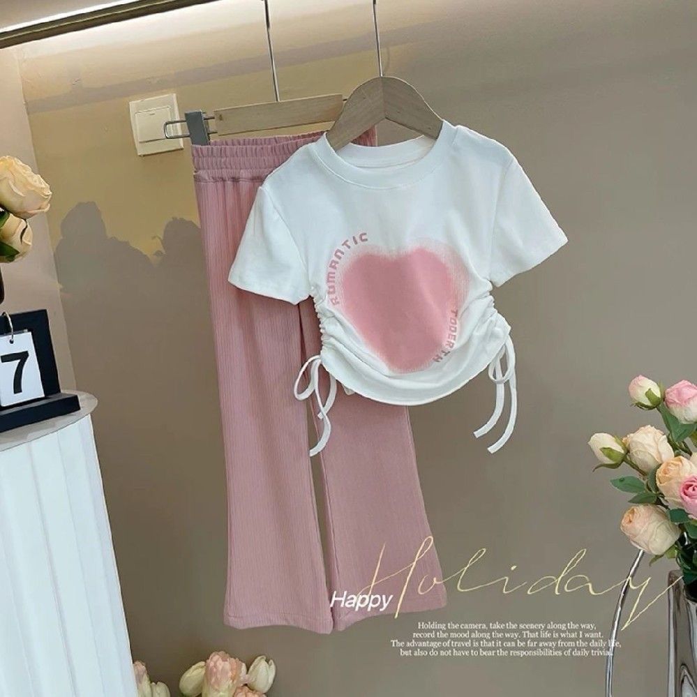 Girls Summer Sweet Set: Short-Sleeve T-Shirt + Wide-Leg Pants Casual Two-Piece Set 90
