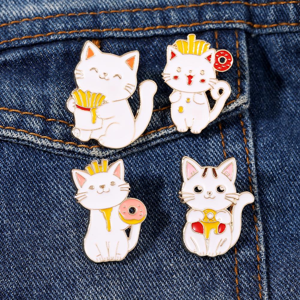 Happy Food Cats Enamel Brooches Cute French Fries Doughnut Pattern Kitten Pins For Pet Lovers Gift