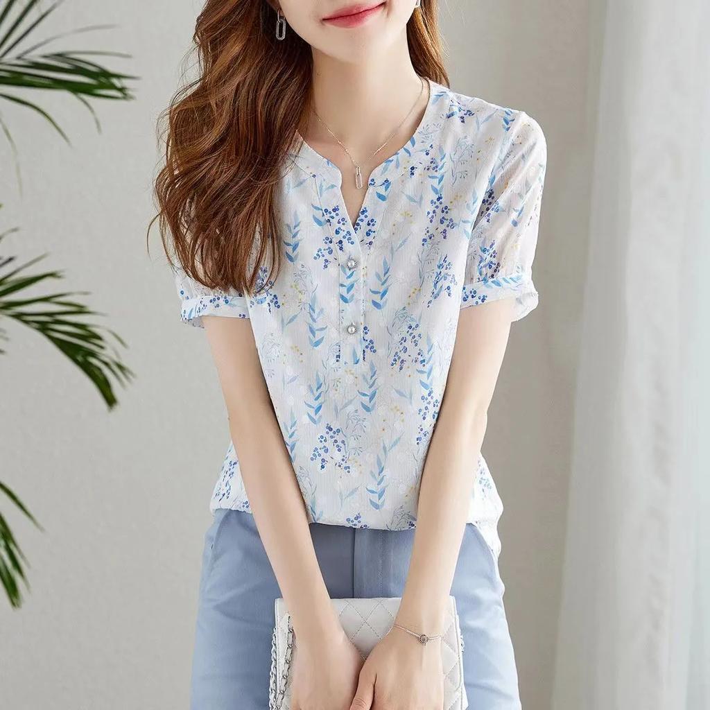 Summer New Floral V-neck Short Sleeved Chiffon Shirt for Women, Thin and Slimming, Versatile Chiffon All Match Korean Top