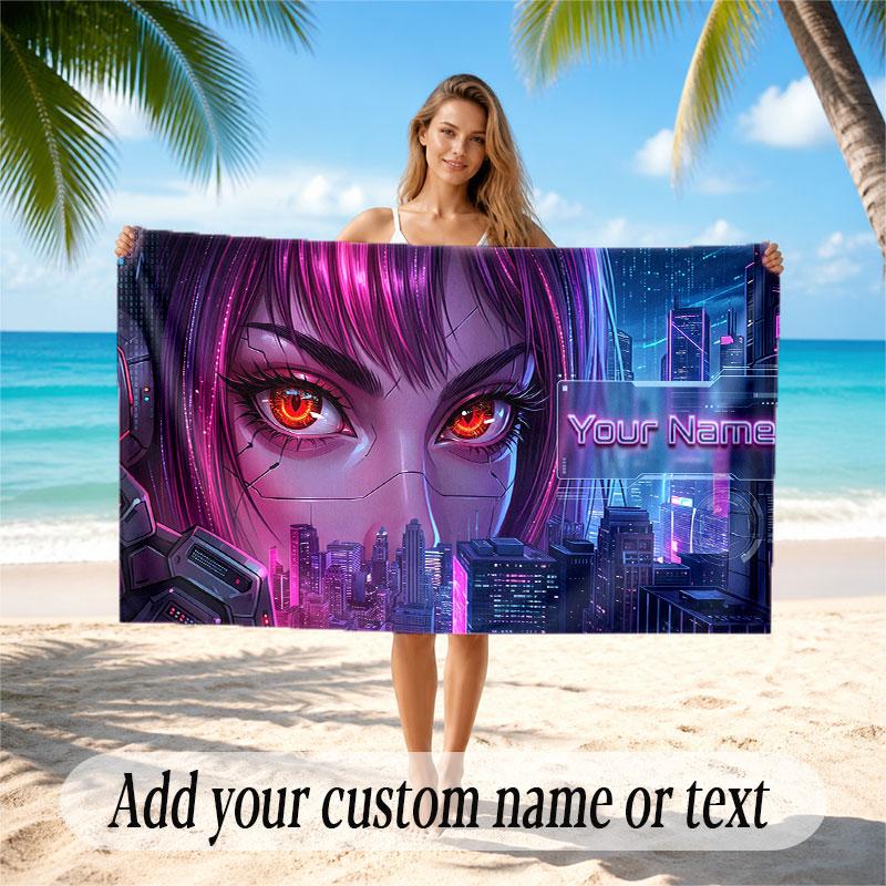 City Cyberpunk Theme Soft Beach Towel Personalized Custom Name Text Towel Portable for Beach Pool Travel