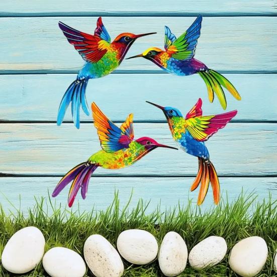 4 Pcs Acrylic Hummingbird Wall Art 2D Colorful Garden Birds Sculpture Outdoor Fence Hanging Ornaments for Garden Yard Living Room Kids Room Patio