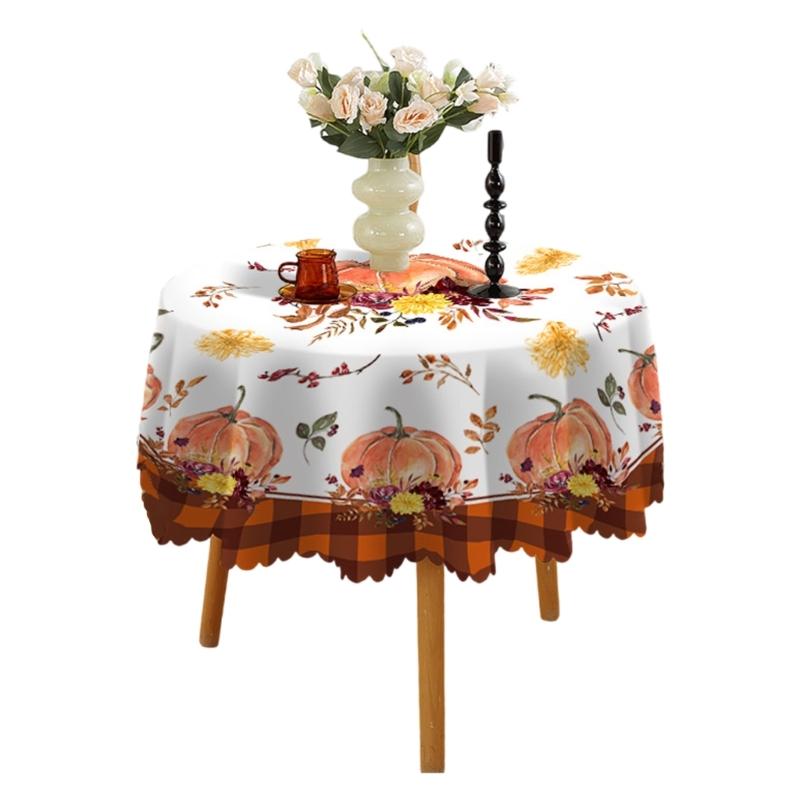 Table Cloth Autumn Leaves and Pumpkin Patterns Round Tablecloth 150cm for Thanksgiving Party Decoration