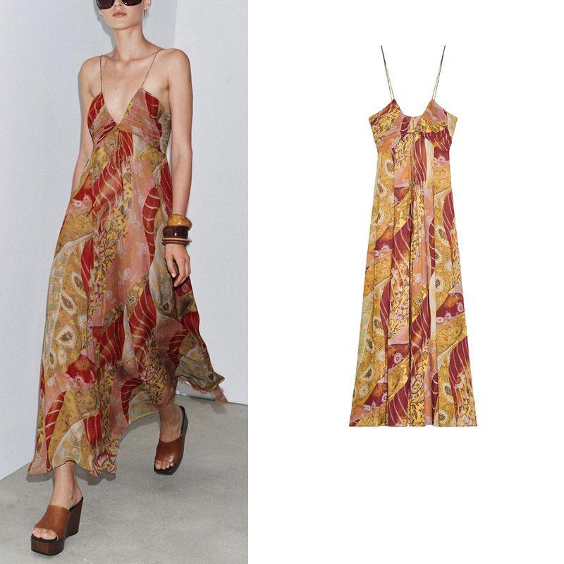 Summer New Product Women's Clothes Vacation Style Casual V-neck A- line Hem Print Midi Skirt Dress 3508147