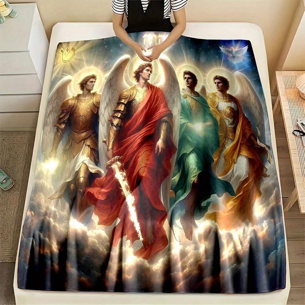 Heavy-Duty All-Season Flannel Blanket - Four Archangel Design Thickened Soft Velvet-like Throw for Bed, Sofa, Camping, Travel
