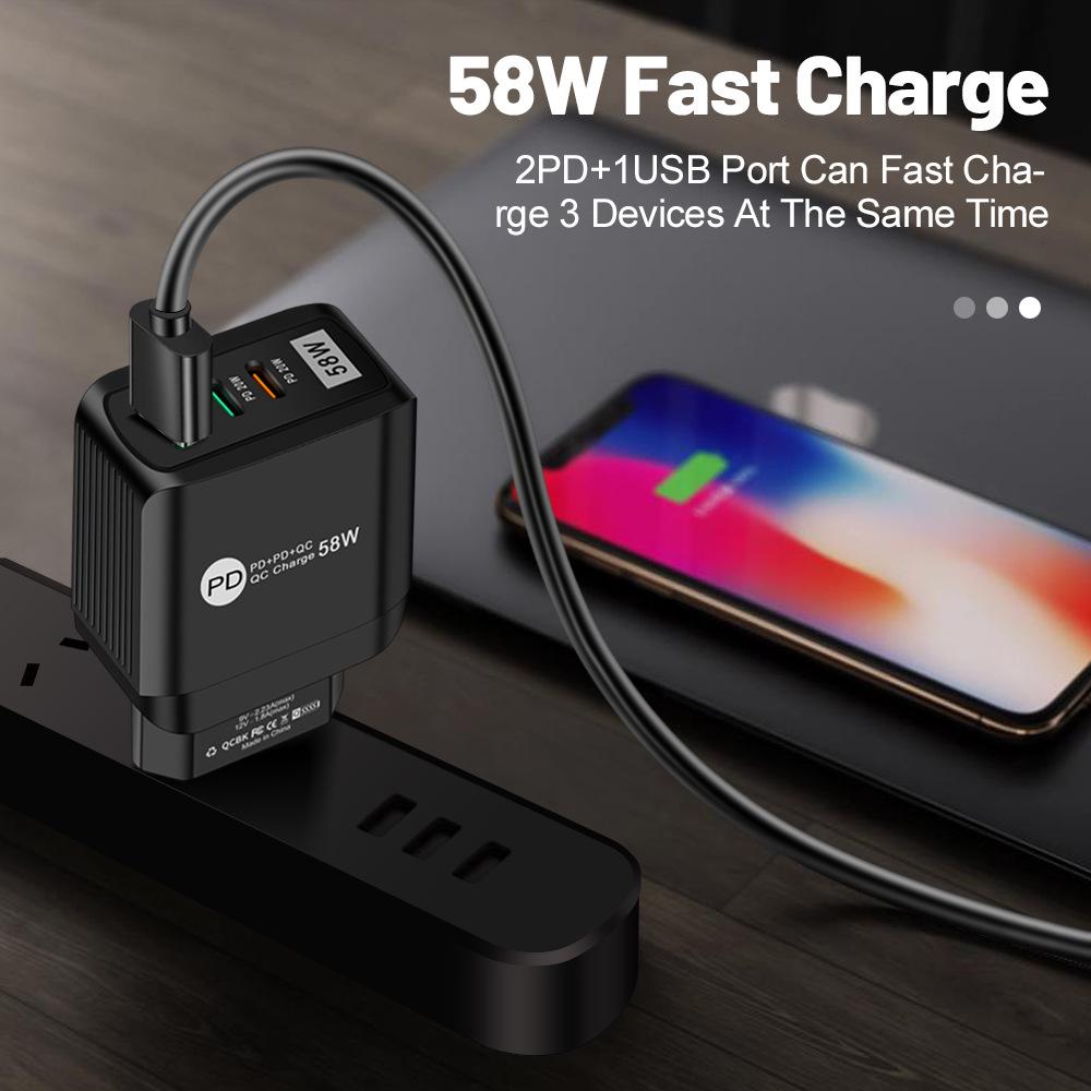 58W Multi-Standard Fast Charger with USB and 2PD for EU/US/UK/KR/AU