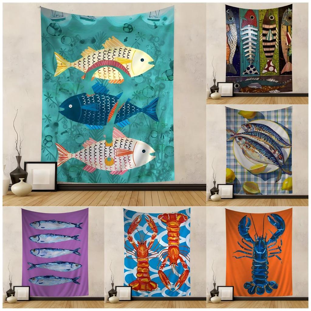VIKAMA Summer Ocean Art Tapestry Scandinavian Style Fish Images Living Room Sofa Background Wall Modern Minimalist Decoration