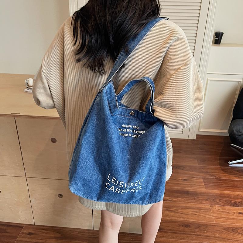 Large Capacity Retro Denim Bag Letter Print Shoulder Bag Women Crossbody Bag
